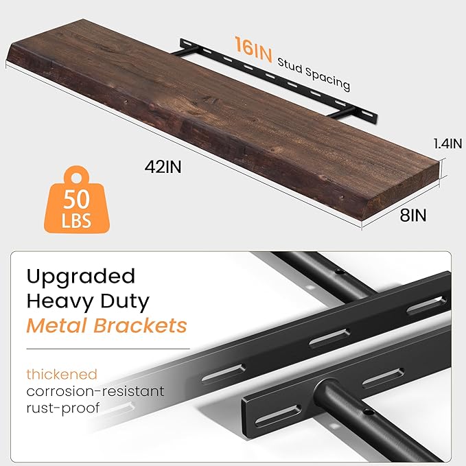 Fun Memories Floating Shelves for Wall Decor, Rustic Solid Elm Wood Live Edge Floating Shelves Wall Mounted, Heavy-Duty Shelf with Invisible Bracket for Living Room Kitchen, 42 Inch Set of 1, Walnut