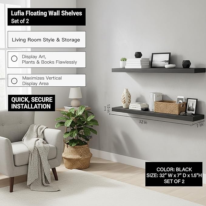 Lufia Floating Wall Shelves, Set of 2, MDF with Invisible Brackets, Modern Storage for Bedroom, Bathroom, Living Room, Kitchen (Black, 32" W x 7" D x 1.5" H)