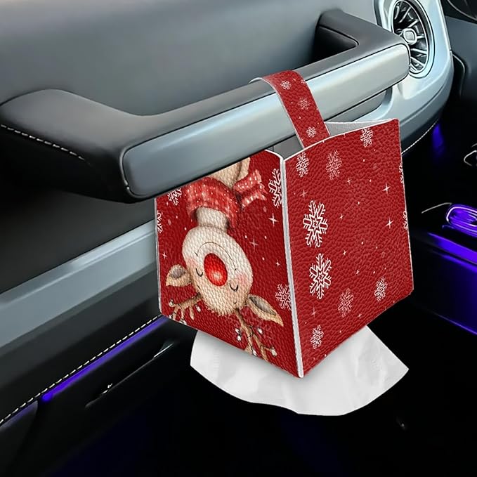 Christmas Square Tissue Box Cover Aesthetic Desk Decor for Home Office Car, PU Leather Tissues Cube Boxes Holder Bedroom/Bathroom/Kitchen Facial Napkin Holder Storage