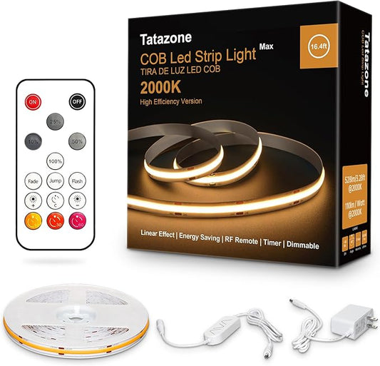 Orange Color COB Led Strip Lights with RF Remote, 16.4ft 2000K Dimmable Bright Dotless Yellow Led Light Strip, Adhesive Indoor Gold Yellow Led Lights for Cabinet, Living Room