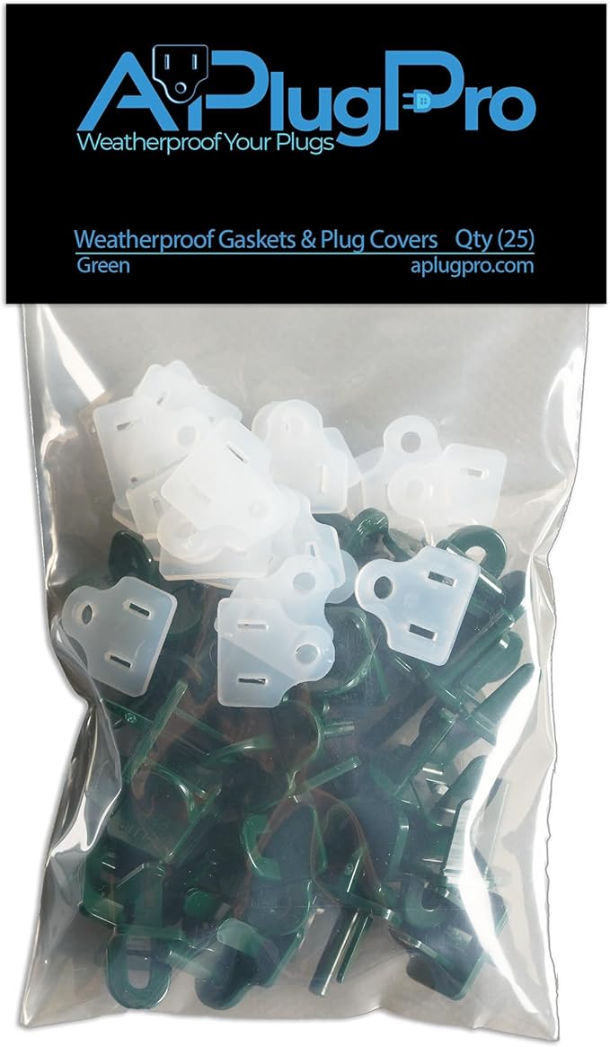 The Original Weatherproof Gaskets & Plug Covers - Made in USA, Outdoor Waterproof GFCI Protectors, Christmas Light Installation, Extension Cords, Stop GFCIs from Tripping (Green, Qty 25) - by APlugPro