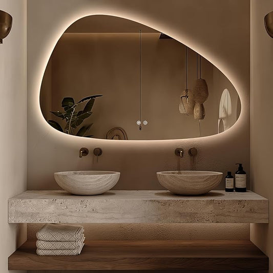 Niccy Irregular LED Bathroom Mirror, 30"x48" Asymmetrical Backlit Vanity Wall Mirrors, Frameless Lighted Mirrors for Bedroom, Living Room, Modern Smart-Mirror with Anti-Fog, Dimmable, Memory Function