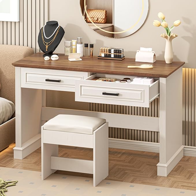 Farmhouse Executive Desk, 48 Inch Computer Desk with 2 Drawers, Simple Home Office Writing Desk Workstation for Bedroom Study Small Spaces, White and Brown