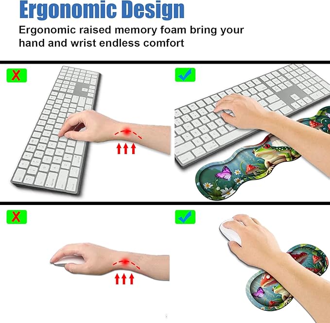 4 in 1 Ergonomic Memory Foam Mouse Pad Wrist Rest Set, Large XXL Gaming Desk Pad + Keyboard Wrist Rest + Mouse Wrist Cushion + Coaster for Home Office Study Gaming, Frog Mushroom Butterfly