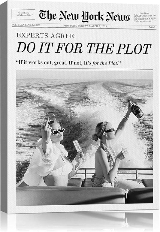 Aesthetic Trendy Newspaper Wall Art 16x20 Vintage Do It For The Plot Magazine Canvas Prints Decor Waterproof Funny Retro Black and White Wall Art for Apartment Bathroom Bedroom Decor Ready To Hang