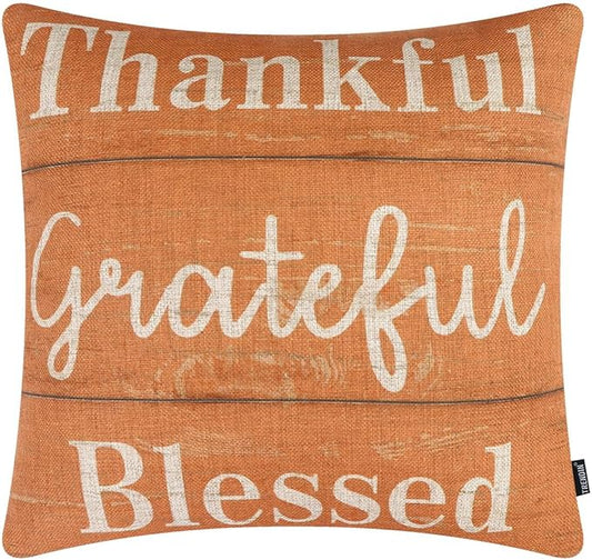 TRENDIN Thankful Grateful Blessed Pillow Cover 18X18 for Couch Fall Decorations Square Linen Cushion Case Sofa Home Thanksgiving Decor Vintage Orange PL1074TR