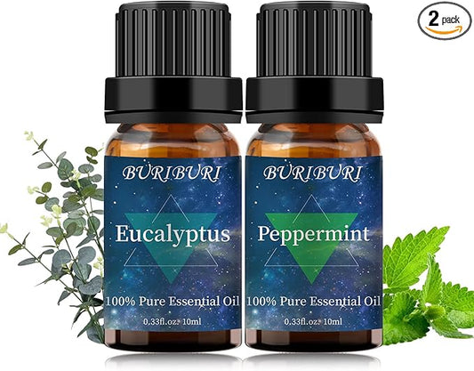 BURIBURI Eucalyptus Oil and Peppermint Essential Oil, 100% Pure, Undiluted, Natural, Organic Aromatherapy Eucalyptus Essential Oils Gift Set, 10MLx2