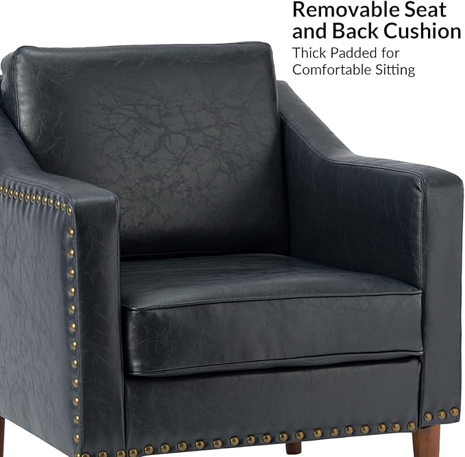 HULALA HOME Faux Leather Accent Armchair with Back & Seat Cushions, Traditional Club Chair with Nailhead Trim, Comfy Upholstered Sofa Chair for Living Room Bedroom, Navy