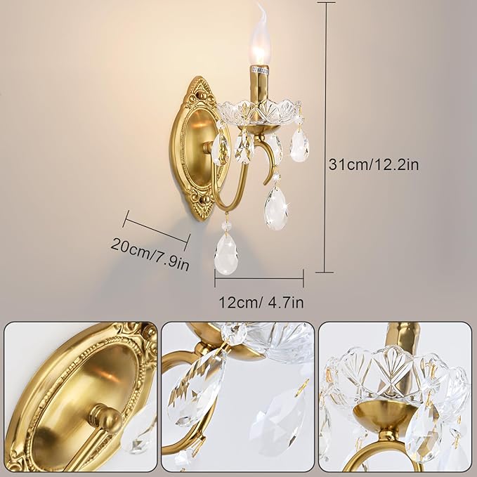 Crystal Wall sconces Set of Two, Gold sconces Wall Set of 2, Vintage Crystal Wall Light, Candelabra Wall Sconce Light Fixture, Gold Brass Finish, 1-Light with Glass Drops