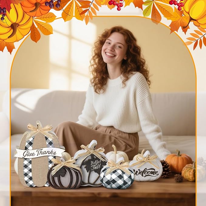 5 Pcs Fall Pumpkin Decor for Home Thanksgiving Plaid Wooden Table Centerpiece Decorations Fall Wooden Pumpkin Signs for Autumn Farmhouse Home Living Room Kitchen Mantle Tabletop Supplies