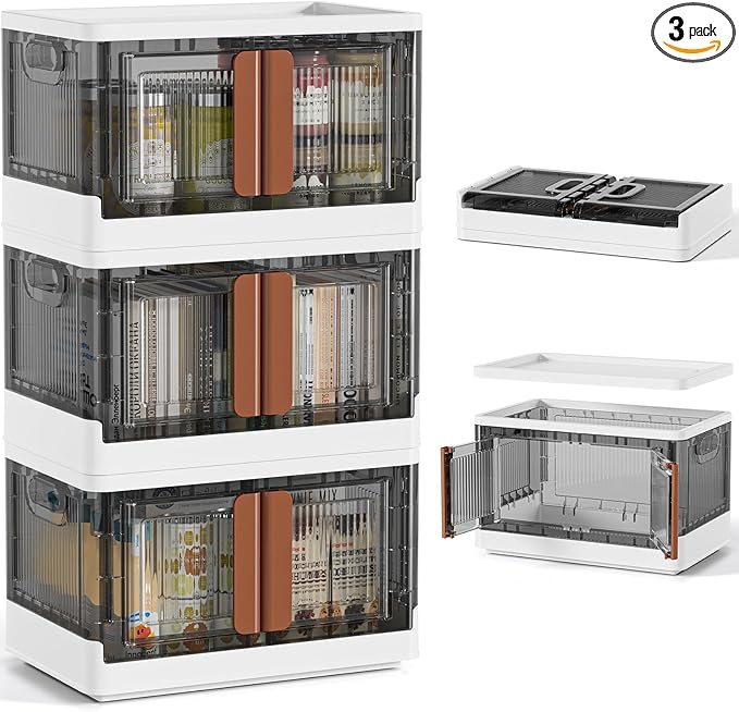 HAIXIN Closet Organizers and Storage - Trunk Car Organizer with Lids and Doors, Dorm Room Essentials, 8.4 Gal Collapsible Stackable Storage Bins, Plastic, 3 Pack