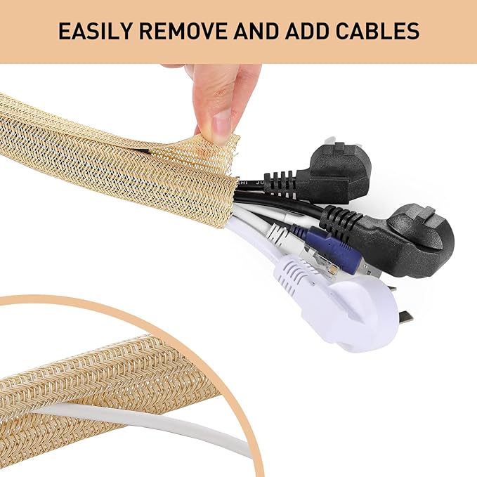 AGPTEK Cable Sleeve Cover, 10ft - 1.5 inch Desk Cord Organizer Cable Hider, Home Office Wire Management Computer TV Wire Loom Tubing, Pet Proof Cord Protector, from Cat Dog Chewing, Wood Color