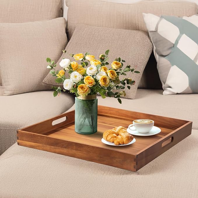22-INCH Huge Ottoman Tray for for Living Room Large Wood Trays for Ottoman Square Wooden Serving Trays with Handles Decorative Trays for Party, Food Serving, Breakfast, Dinner, Coffee Tea, Appetizers