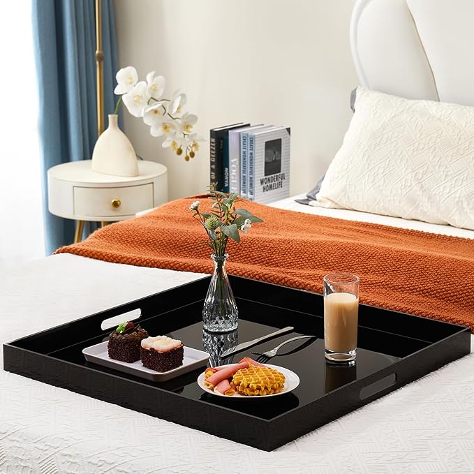 24×24 inches Oversized Black Acrylic Ottoman Tray Extra Large Decorative Tray Spill-Proof Serving Trays with Handles King-Size Safe Edge Organizer for Coffee Table Countertop Breakfast