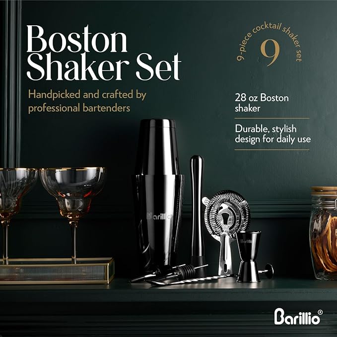 Barillio Black Boston Shaker Set - Stainless-Steel, Weighted Martini Cocktail Shaker Set w/Strainer & Mixer - Mixology Bartender Kit - Bar Set for The Home - 9-pc Drink Set - Bar Tools