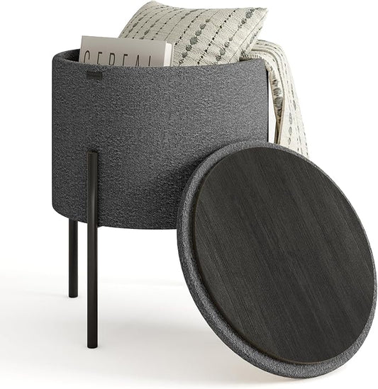STORAGEBUD Round Ottoman with Storage, Boucle Storage Foot Stool, Makeup Vanity Stool, Small Ottoman Foot Rest, Modern Ottomans for Living Room and Bedroom, Grey