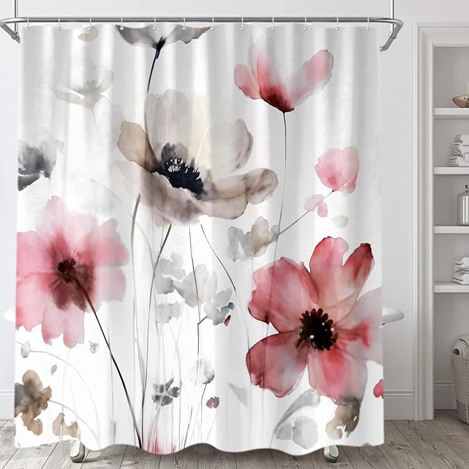 Boho Floral Shower Curtain, Cream Tan Beige Red Grey White Flower Farmhouse Fabric Shower Curtains Set for Bathroom Decorative with Hooks 72 X 72 inch Spring Bath Decor