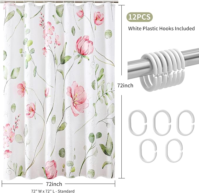 QiyI Watercolor Floral Shower Curtain, 3D Embossed Butterflies Pink Flower Bathroom Curtains, Minimalist Farmhouse Bath Curtain, Waterproof Fabric Green Leaves Shower Curtain Set with Hooks, 72x72