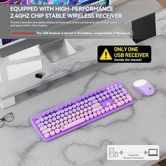 FD Wireless Keyboard and Mouse Combo - 2.4G Full-Sized Cute Colorful Mouse and Keyboard with 104 Round Keys Retro Typewriter Keyboards for Laptop/Windows/PC - Purple Gradient