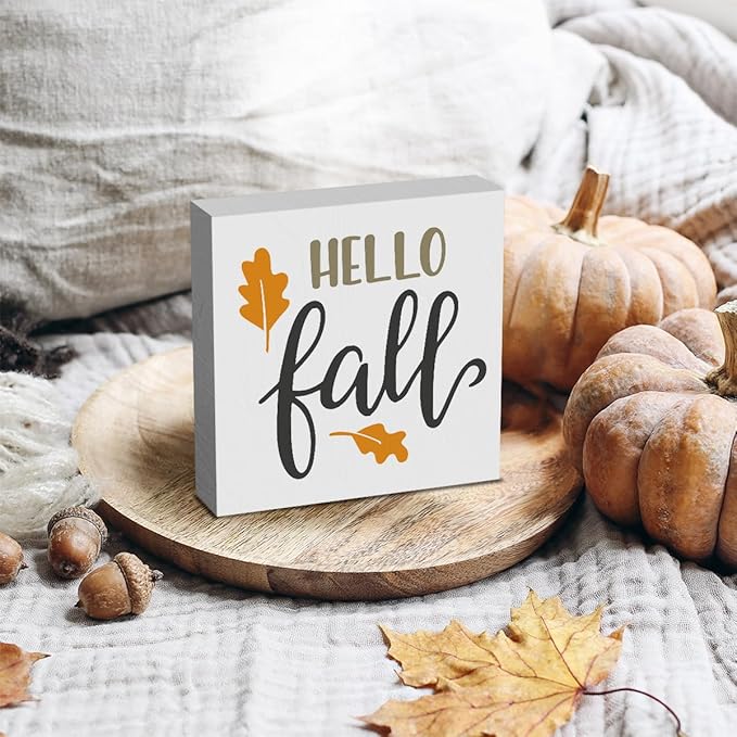 Fall Wooden Box Sign for Tiered Tray, 5.1 X 5.1 Inch Pumpkin Autumn Wood Sign for Home Living Room Harvest Day Thanksgiving Tabletop Decor - Hello Fall