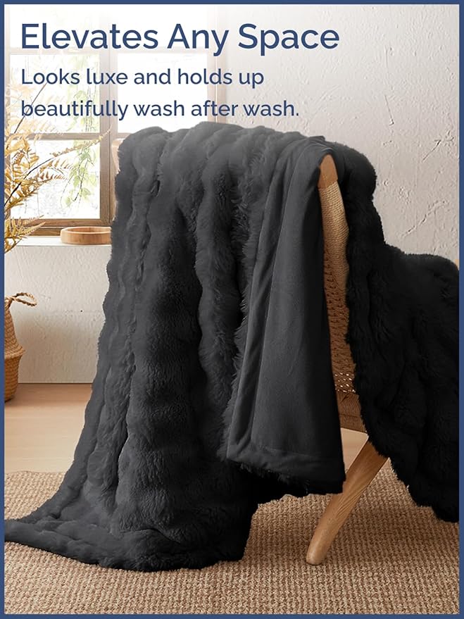 Fluffy Blanket Throw Size - Faux Fur Throw for Couch or Bed - Ultra Plush Soft Extra Thick Faux Fur Rabbit Blanket - Comfy, Fuzzy, Warm & Breathable - Luxury Minky Tie Dye Bedding - 50" x 60", Black