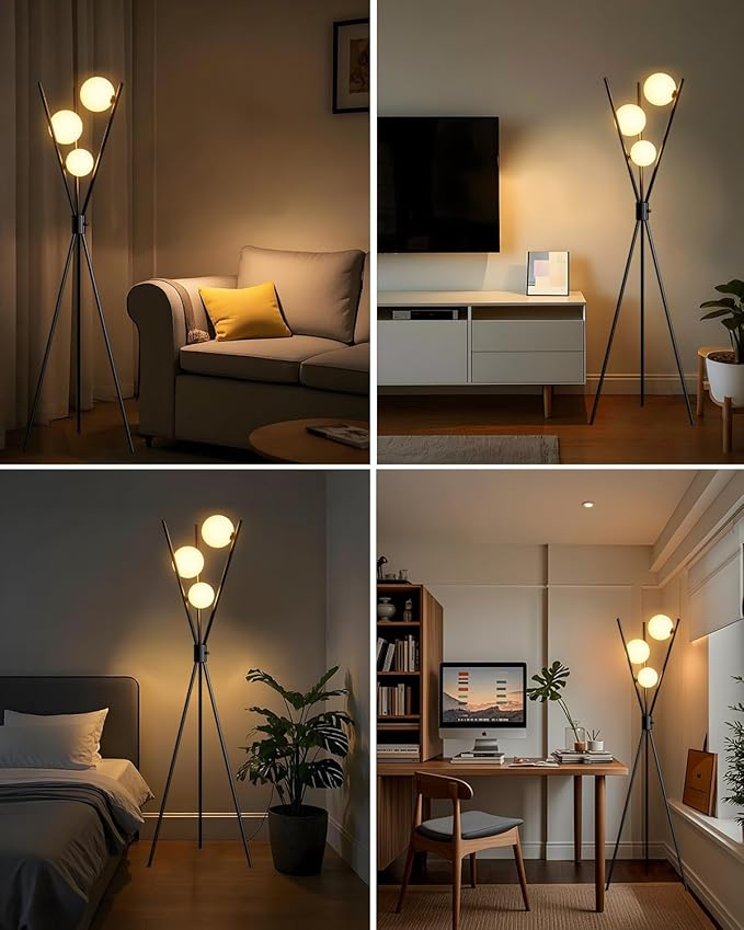 Lightdot 60IN Dimmable Tripod Floor Lamp Mid Century Black Standing Lamps with 3Pcs 3000K G9 Bulbs Globe Eye Care&Stable Base Modern Tall Lamp for Living Room Bedroom Office