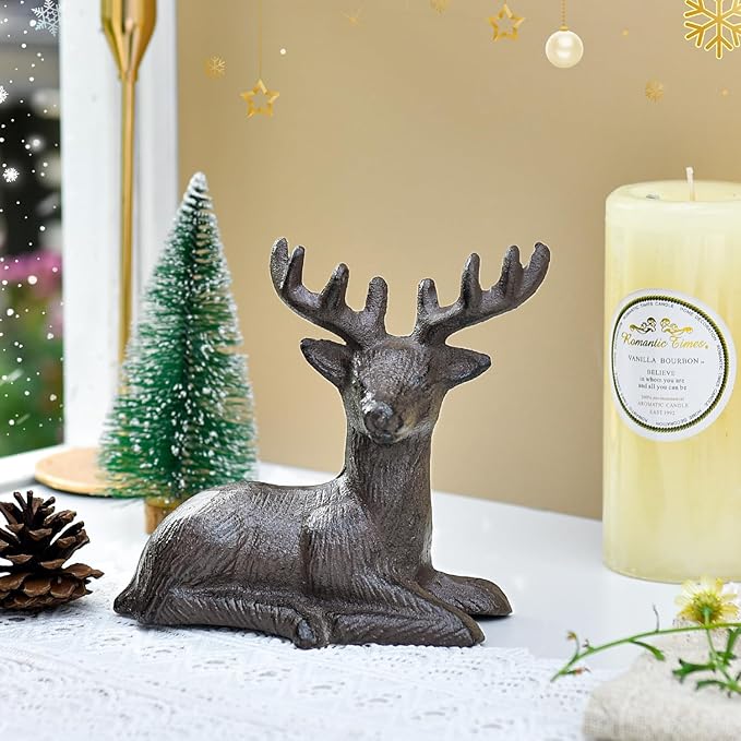 Sungmor Cast Iron Deer Statue, Christmas Reindeer Figurine, Rustic Brown Heavy Lying Elk Vintage Home Decor Sculpture, Indoor Outdoor Shelf Tabletop Holiday Decorations