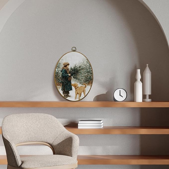 CUANFDDSF Rustic Winter Christmas Scene Oval Wall Art Decor, Winter Forest Girl and Lab Dog Wall Hanging Decor, Cozy Christmas Holiday Framed Canvas Prints for Home Bedroom Living Room, 8.6x11.4 Inch