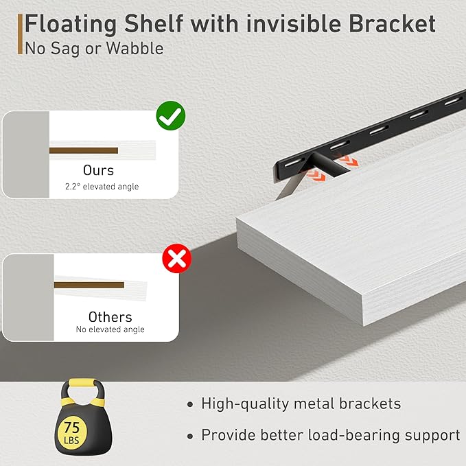 Fun Memories 48Inch Floating Shelves, 9.3Inch Deep Rustic Wall Shelves - Extra Deeper & Thicker Wall Mounted Storage Shelf for Kitchen, Farmhouse - Set of 2 - Rustic White