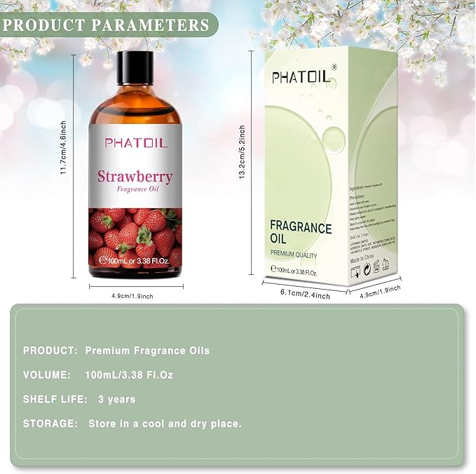 PHATOIL 3.38FL.OZ Strawberry Fragrance Oils for Aromatherapy, Essential Oils for Diffusers for Home, Perfect for Diffuser, Yoga, Skin Care, DIY Candle and Soap Making - 100ml