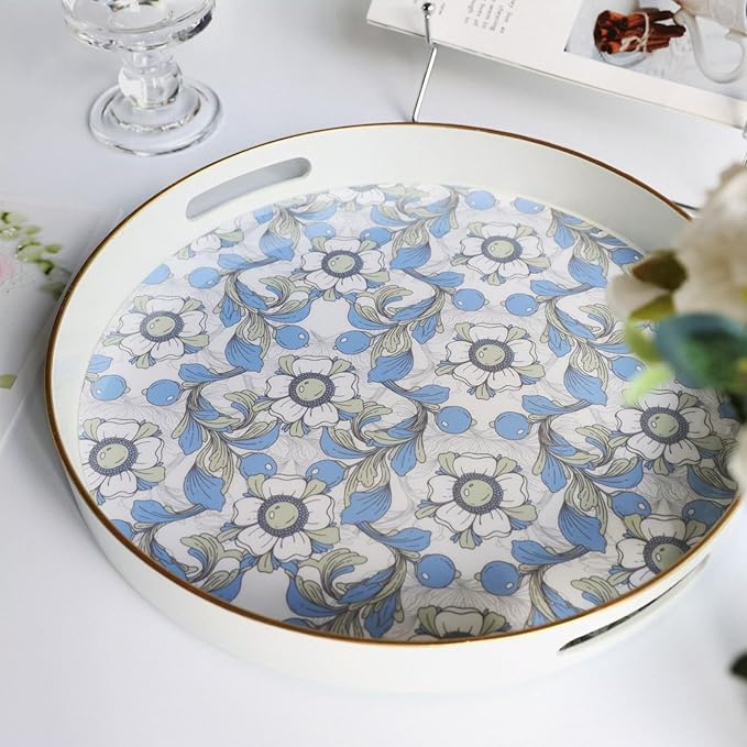 Round Serving Tray with Handles, Coffee Table Tray for Ottoman, Organizer Vanity Tray for Living Room, Outdoor Tray for Patio Entertaining, Serving Breakfast Kitchen Platter LEE33BLH