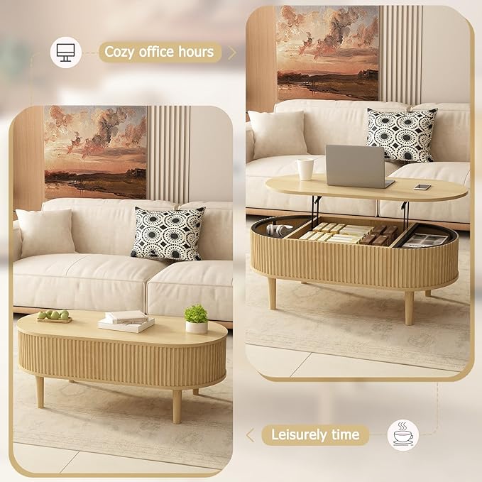 Ludatido 39 Inch Lift Top Coffee Table with 3 Storage for Living Room, Oval Coffee Table with Hidden Compartment, Fully Wooden Center Easy to Assembled for Home Living Room Office Burlywood