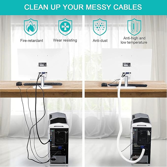 6.6ft - 1.2 inch White Cable Sleeve, Cable Organizer for Desk PC TV Computer, Wire Protector Cable Wrap Cover, Cord Management for Home Office