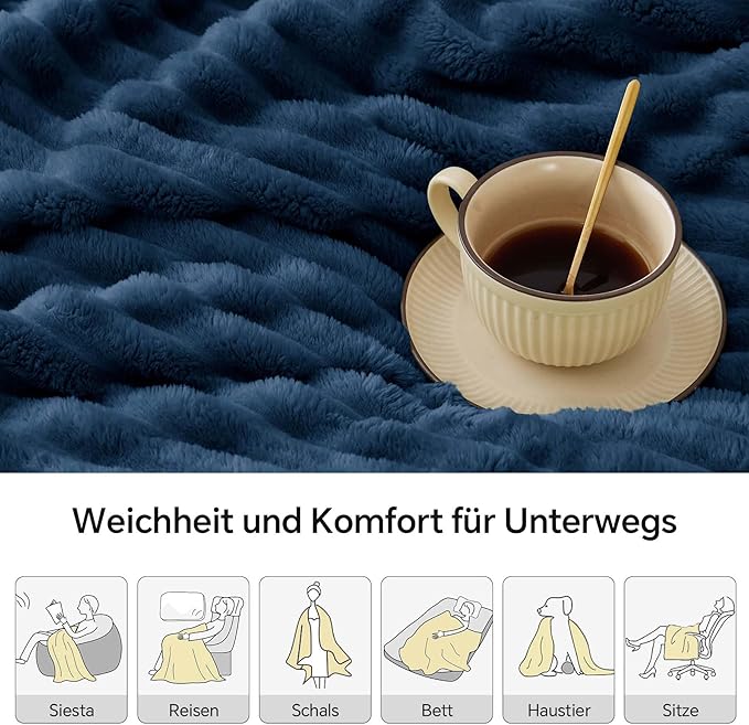 BEDELITE Full Size Blanket for Bed, 300GSM Soft & Warm Fleece Navy Blanket, Decorative and Giftable Striped Blankets for Women, Men, 84"x90"