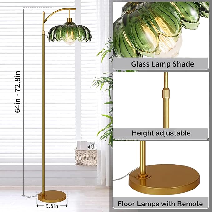 Arc Floor Lamps for Living Room Gold Floor Lamp with Remote Control,Dimmable Floor Lamp with Glass Lampshade,Vintage Mid Century Modern Standing Lamp Tall Flower Lamps for Bedroom Corner