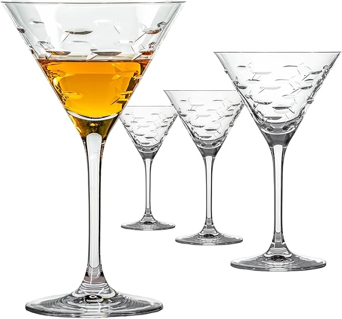 Rolf Glass School of Fish Martini Glass - Set of 4 Stemmed 10 oz. Martini Glasses - Lead-Free Glass - Diamond-Wheel Engraved Cocktail Glasses - Made in the USA