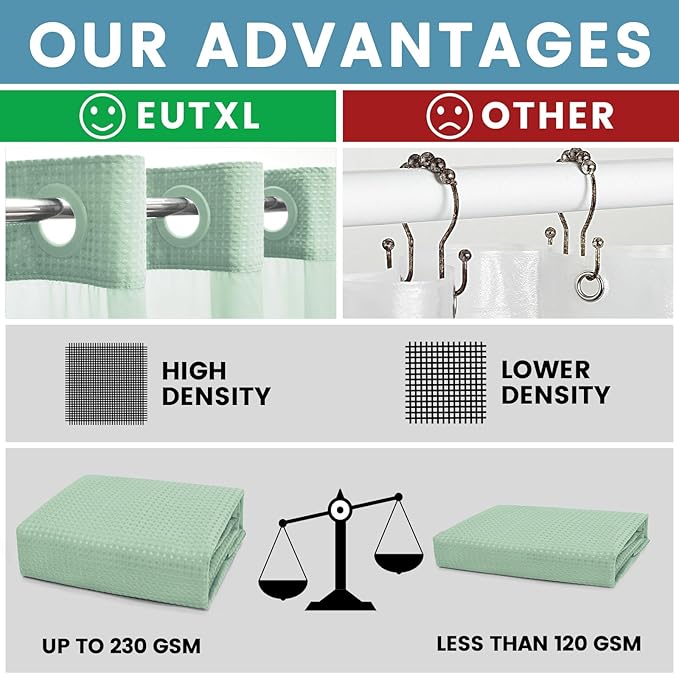 Mint Green Long No Hook Shower Curtain with Snap in Liner,230GSM Waffle Weave Shower Curtains for Bathroom,71W x 86H
