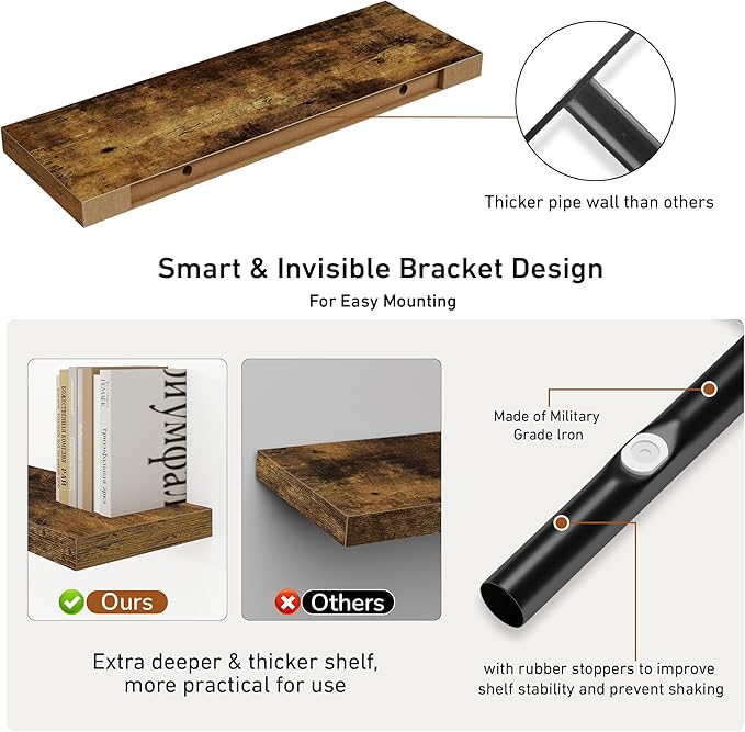 Fun Memories 32Inch Floating Shelves, 9.3Inch Deep Rustic Wall Shelves - Extra Deeper & Thicker Wall Mounted Storage Shelf for Kitchen, Farmhouse - 32" W x 9.3" D x 1.5" H - Set of 2 - Rustic Brown