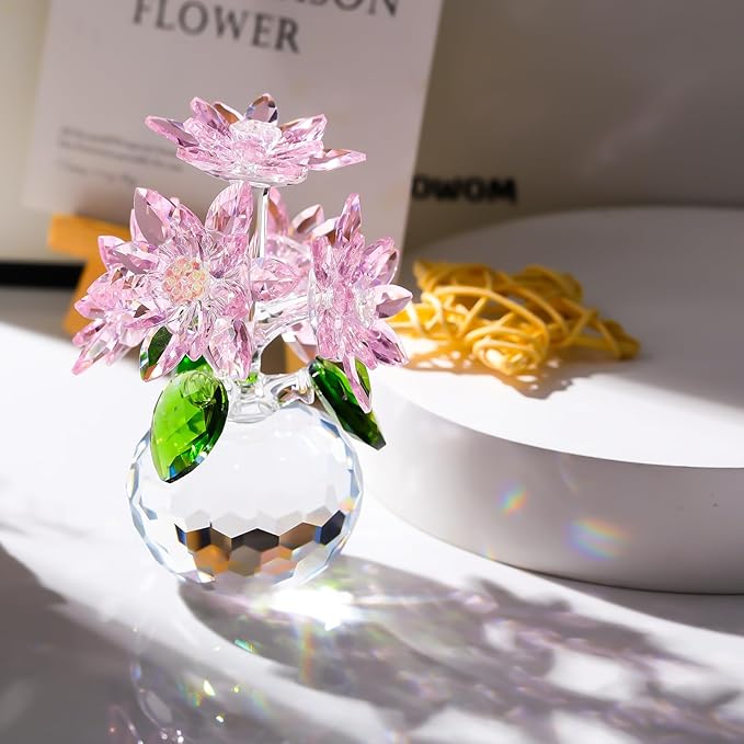 Enjinkail Handmade Crystal Daisy Figurine - Pink Glass Flowers Gifts for Women, Elegant Home Decor & Table Centerpiece