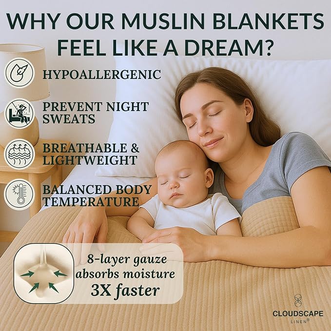 Cloud Scape Linen 100% Cotton 8 Layer Muslin Blanket Twin Size,Lightweight, Breathable Bed Blanket, Suitable for All Season, Cotton Gauze for Couch & Sofa, 68x92, Beige Fog