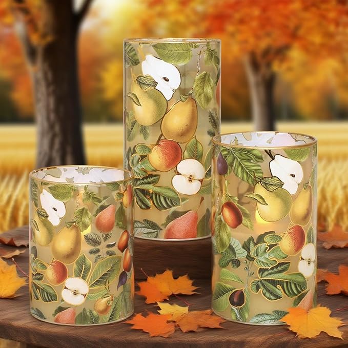 Autumn Flameless Candles with Remote Timer Apple Pear Glass Flickering Battery Operated LED Candles for Home Room Party Wedding Holiday Fall Decor - Set of 3