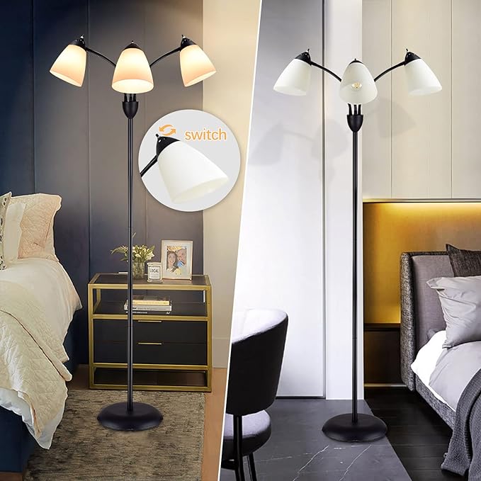 DINGLILIGHTING DLLT Modern Reading Floor Lamp, 3-Light with Adjustable Flexible Gooseneck Tree Standing Lamp for Living Room, Bedroom, Study Room, Office -Black Metal White Shades, E26 Base