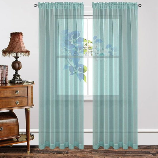 Joydeco Blue Sheer Curtains 84 Inch Length 2 Panels Set, Rod Pocket Long Sheer Curtains for Window Bedroom Living Room, Lightweight Semi Drape Panels for Yard Patio (54x84 inch, Teal Blue)