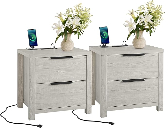 21" Farmhouse Nightstand Set of 2 with Charging Station 2 Drawers Large End Table with Metal Handle Rustic Low Night Stand Wood Dresser for Living Room Bedroom Closet,Grayish White