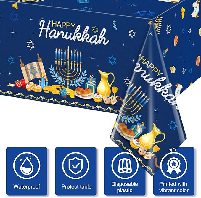 6 Pack Happy Hanukkah Plastic Jewish Tablecloth, Rectangular 58x104 Inch - Chanukah Festival Cover & Backdrop for Hanukkah Party Supplies
