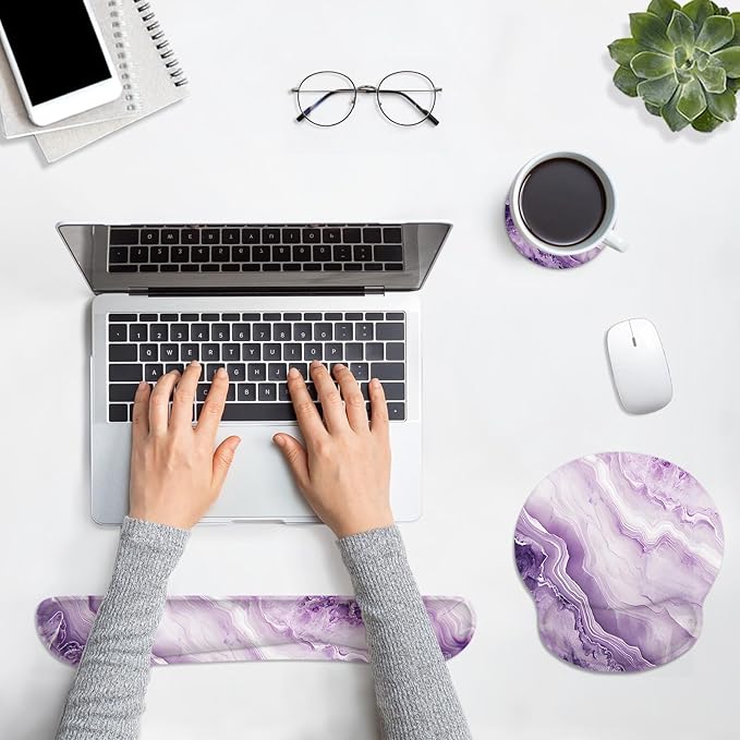 Britimes Purple Marble Gold Mouse Pad 3pcs Set with Wrist Support Non-Slip Rubber Base Ergonomic Pad,Mouse Wrist Cushion Support and Coasters for Home Office Gaming Easy Typing & Pain Relief