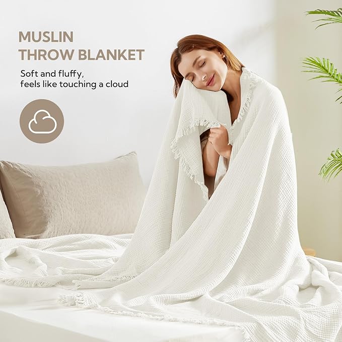 SOULFUL Muslin Throw Blanket with Tassels - Soft Full Size Cotton Throw Blanket for Couch or Bed, Lightweight and Breathable Gauze for All Seasons, White, 66" x 90"