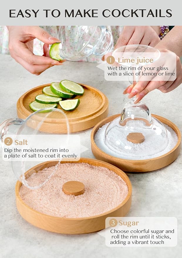 Nucookery 3-Tier Wood Bar Glass Rimmer, 5.6" Margarita Salt Rimmer Set, Sugar and Salt Rimmer Tray for Juice Cocktails, Bartender Bar Party Tool, Drinks Bar Accessories Box for Home Bar (Beech Wood)