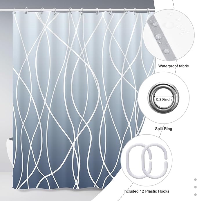 Punkray Ombre Blue Shower Curtain for Bathroom with Hooks, White Shower Curtain Set, Stripe Bath Curtains Decorative Shower Curtains Water Repellent Washable, 72 x 72