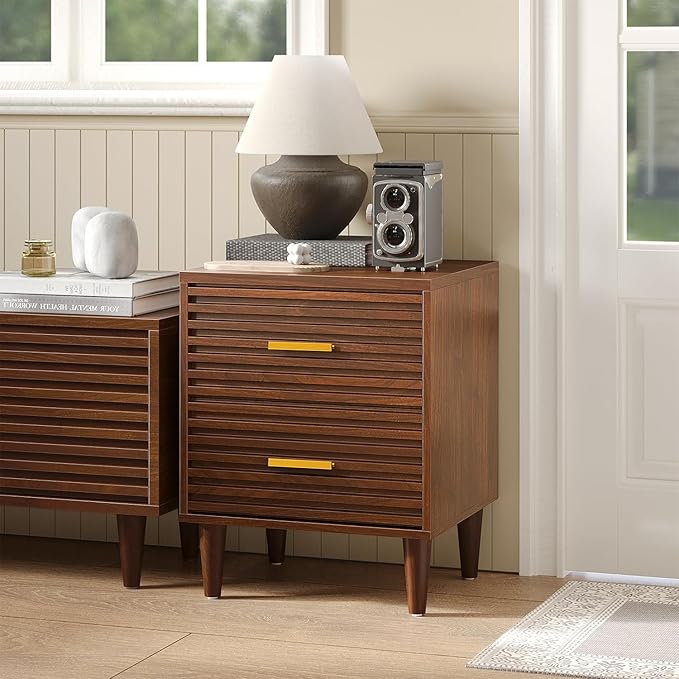 Alohappy Night Stands with Charging Station Set of 2, Mid Century Modern Nightstands, Wooden Bedside Table for Bedroom, End Table with Storage Drawers, Bed Side Table with USB Outlets, Brown 2pcs
